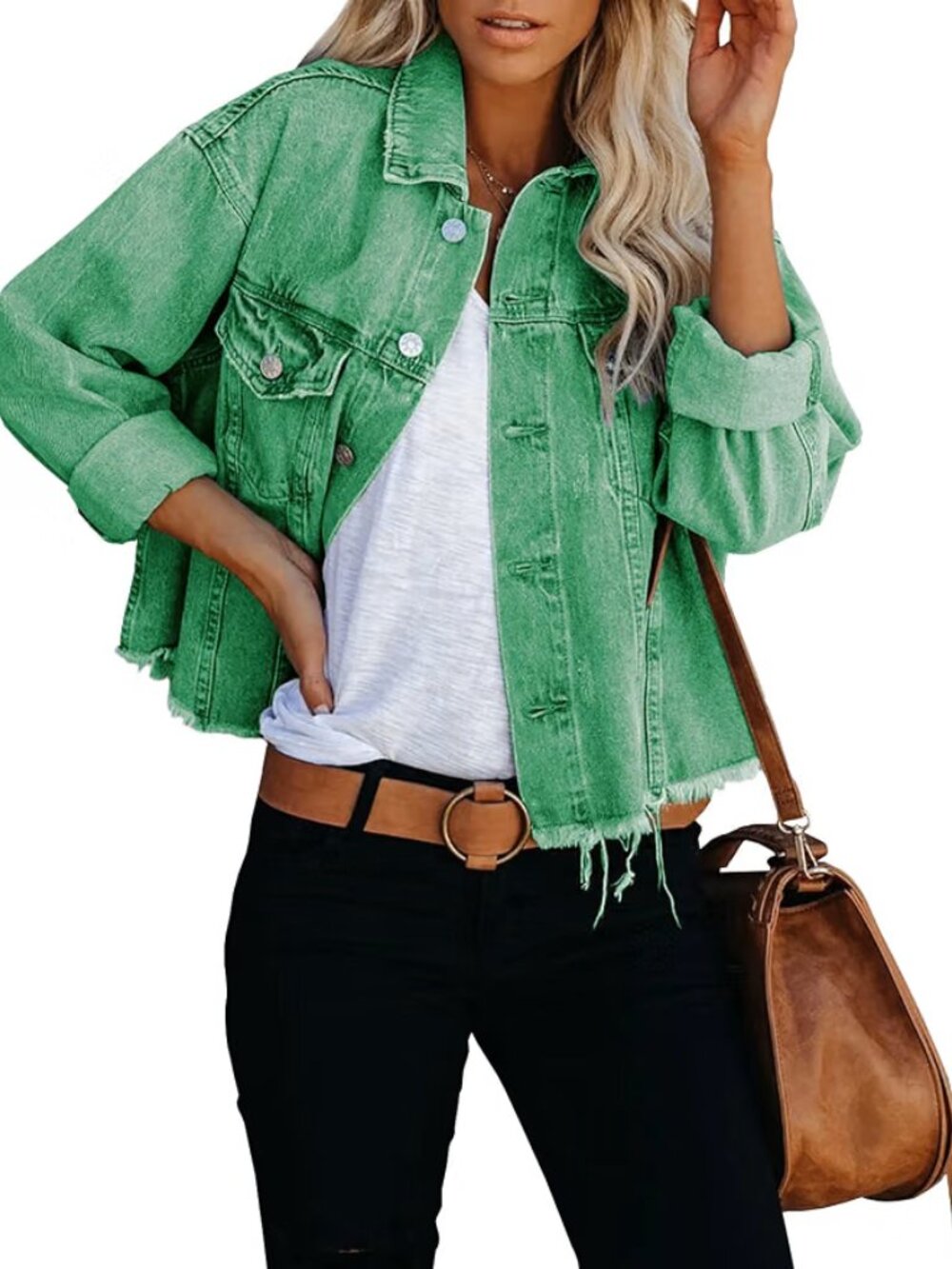 Women's Jean Jacket Frayed Washed Button Up Cropped Denim Jacket - NWOT - L